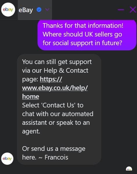 eBay UK Facebook direct messages response